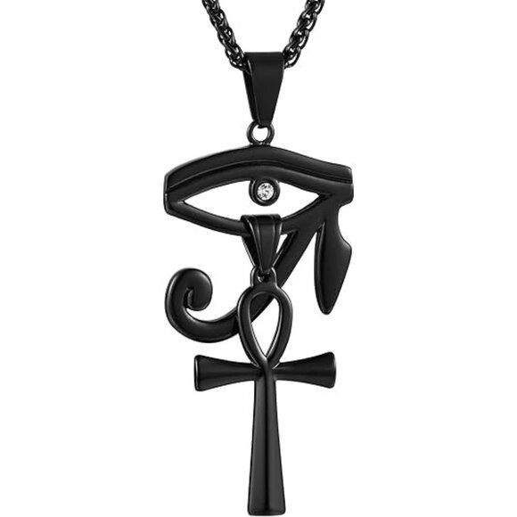 Black Eye of Horus Egypt Coptic Ankh Cross Pendant Necklace 24